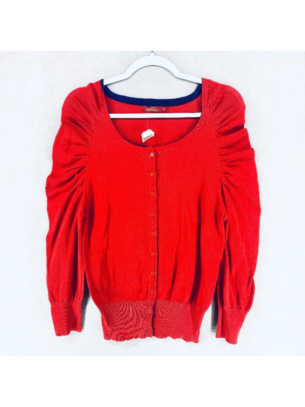 Krimson Klover Sweater Womens M Red Cotton Button Up Ruched Sleeve Cardigan